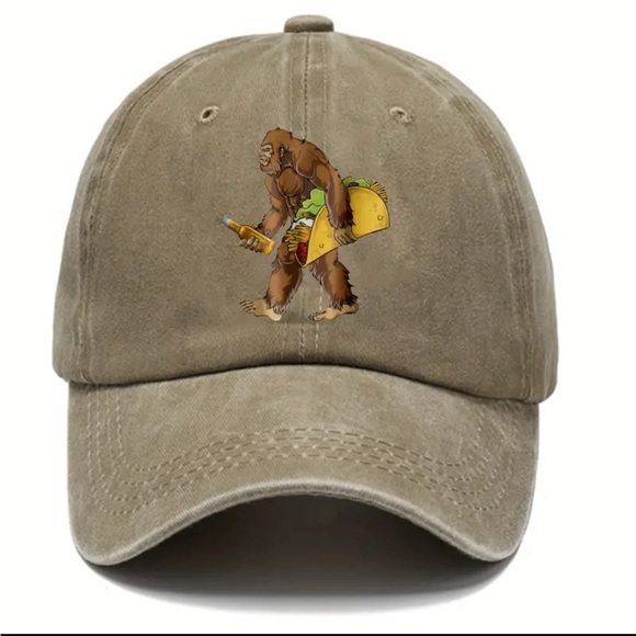 ‼️$7‼️ Washed Cotton Baseball Cap, BigFoot with Taco and Beer, Adjustable - Picture 2 of 6